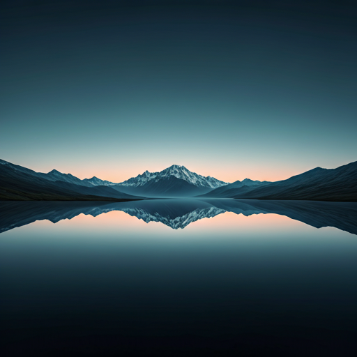 Lago alpino en calma reflejando una cordillera nevada al atardecer